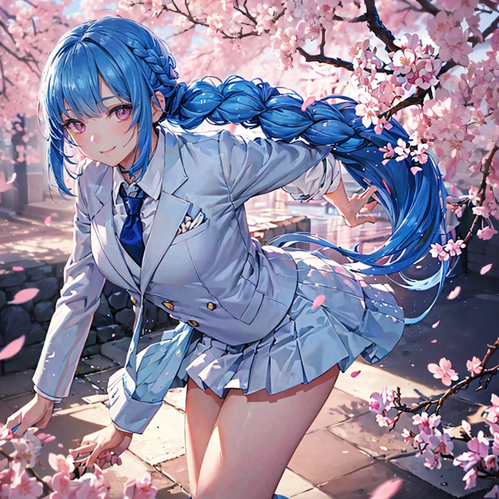 Sky blue hair, (Braided Ponytail),(Pink Eyes),Fair skin ,whole body,(1 Girl),Smile,spring, cherry blossoms, Knee-high socks for school, blazer, Straight bangs,(masterpiece, Highest quality, Super detailed, Best Shadow), (Detailed Background), (Beautifully detailed face), High Contrast, (Best lighting, Very delicate and beautiful), ((Cinematic Light)), colorful, Hyper Detail, Dramatic Light, Intricate details,sunshine,Leaning forward,