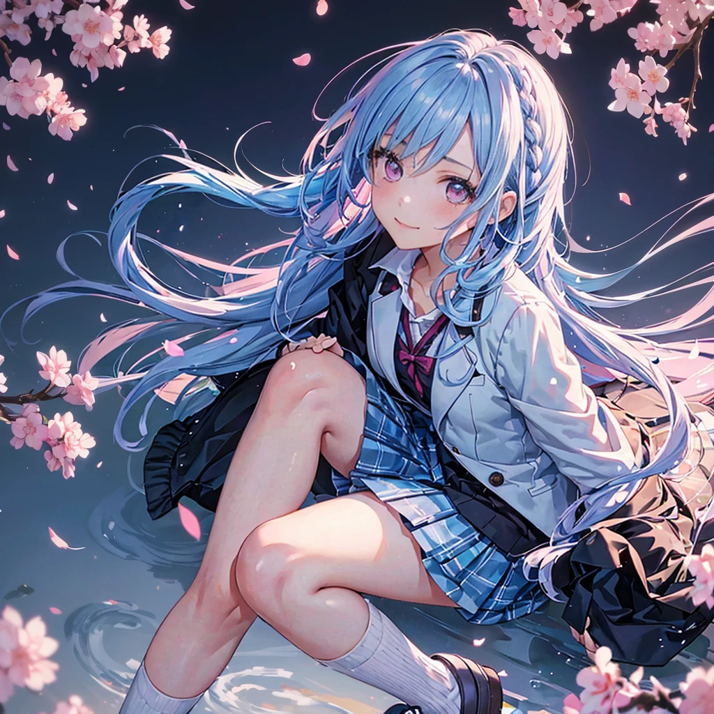 Sky blue hair, (Braided Ponytail),(Pink Eyes),Fair skin ,whole body,(1 Girl),Smile,spring, cherry blossoms, Knee-high socks for school, blazer, Straight bangs,(masterpiece, Highest quality, Super detailed, Best Shadow), (Detailed Background), (Beautifully detailed face), High Contrast, (Best lighting, Very delicate and beautiful), ((Cinematic Light)), colorful, Hyper Detail, Dramatic Light, Intricate details,sunshine,Leaning forward,