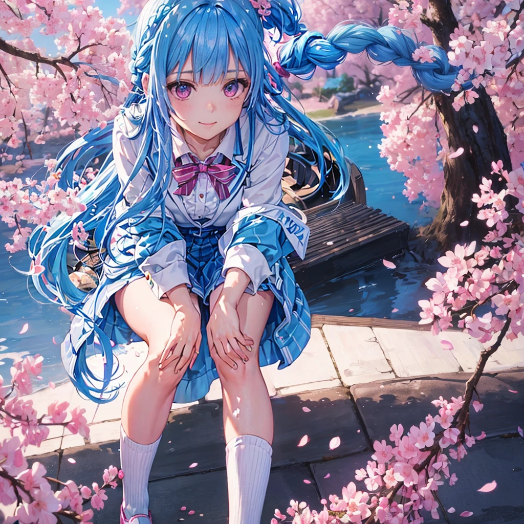 Sky blue hair, (Braided Ponytail),(Pink Eyes),Fair skin ,whole body,(1 Girl),Smile,spring, cherry blossoms, Knee-high socks for school, blazer, Straight bangs,(masterpiece, Highest quality, Super detailed, Best Shadow), (Detailed Background), (Beautifully detailed face), High Contrast, (Best lighting, Very delicate and beautiful), ((Cinematic Light)), colorful, Hyper Detail, Dramatic Light, Intricate details,sunshine,Leaning forward,