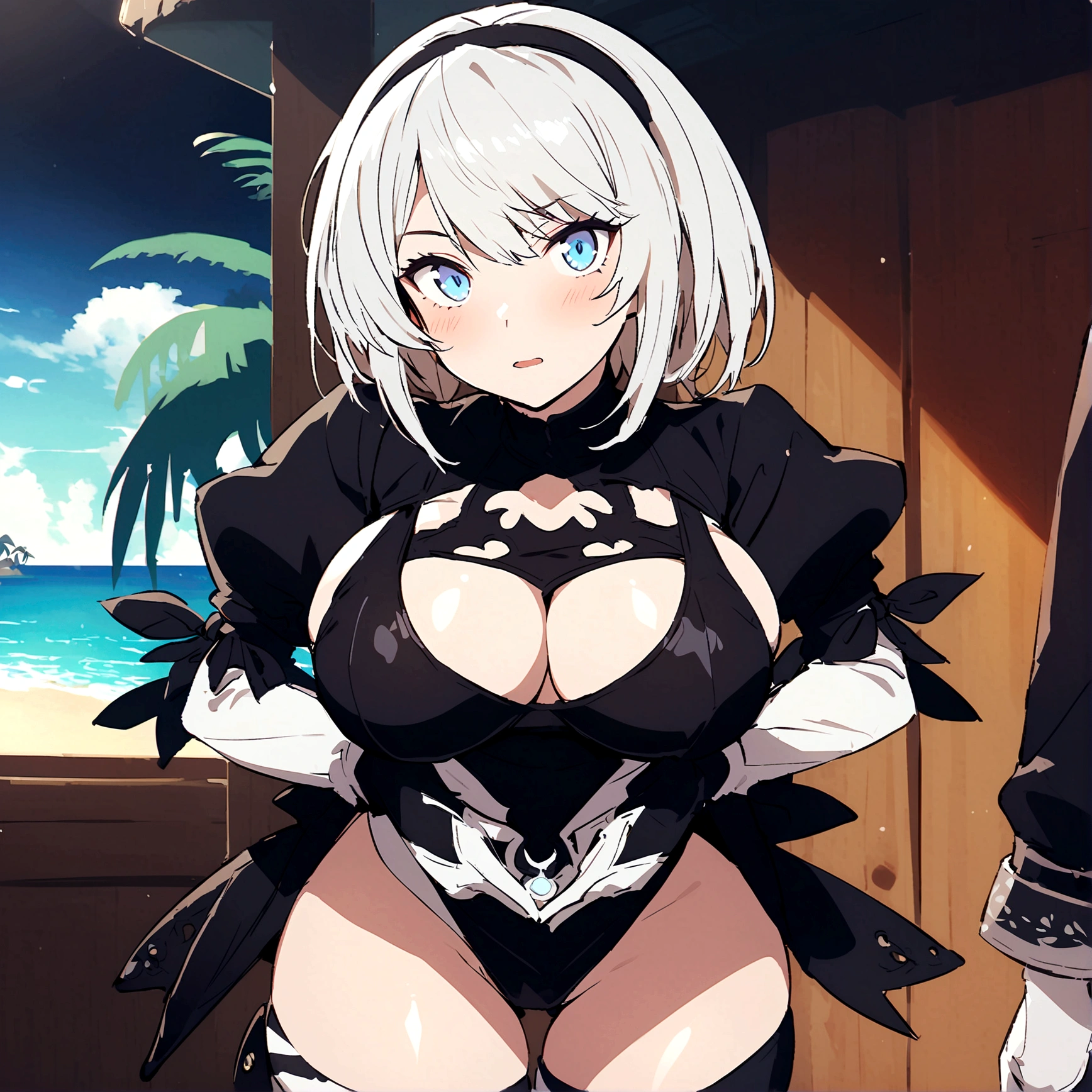 (((NIER AUTOMATA VER1))) MGCM sugar, twintails, Red hair, purples eyes, break ( big), reference no, (wearing bikini bottoms), (Bikini with zebra print: 1.2), comely, work of art, 8k resolution, extreme detailed face, 1 girl, Beautiful woman, 20 years old, Eye highlights, cowboy shot, (from low), (((NIER AUTOMATA VER1))gazing at viewer, ssmile, gaping mouth, blush, break (leaning forward:1.2), (Close your chest with both arms:1.3), tomando banho, in the water, splash of waterbreak anime background, sandy beach, blue sea, clear sea, Coral reef, soft sunlight, warm sunlight, tropical country, distant island, palm tree,((( WOMAN IN TSHUPI STYLE NIER AUTOMATA VER1))