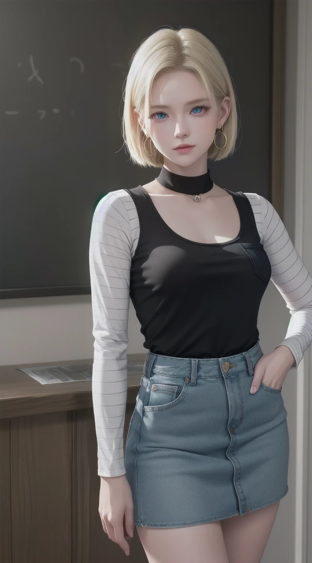 Android 18, Blonde hair, blue eyes, eyelash, Hoop Earrings, short hair, Earring straps, Black socks, Black shirt, 胸pocket, Clive Arch, clavicle, denim, denim skirt, Cowboy shooting，ハイウエストskirt, Jewelry, Long sleeve, pocket, shirt, shirt tucked in, skirt, Striped, Striped sleeves, Vest,The right move,
