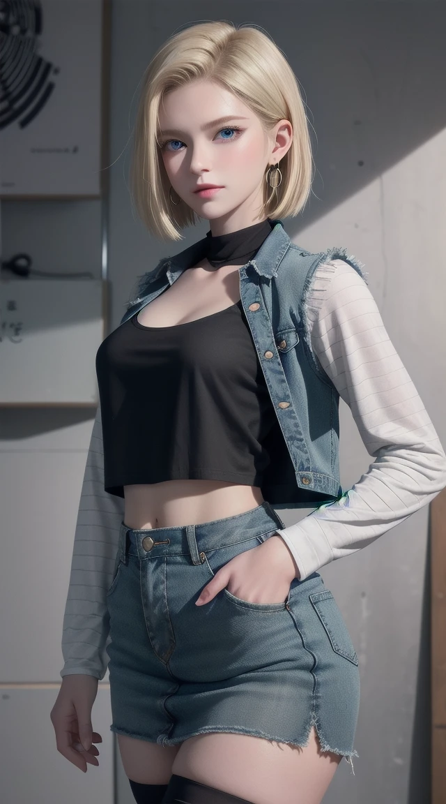 Android 18, Blonde hair, blue eyes, eyelash, Hoop Earrings, short hair, Earring straps, Black socks, Black shirt, 胸pocket, Clive Arch, clavicle, denim, denim skirt, Cowboy shooting，ハイウエストskirt, Jewelry, Long sleeve, pocket, shirt, shirt tucked in, skirt, Striped, Striped sleeves, Vest,The right move,
