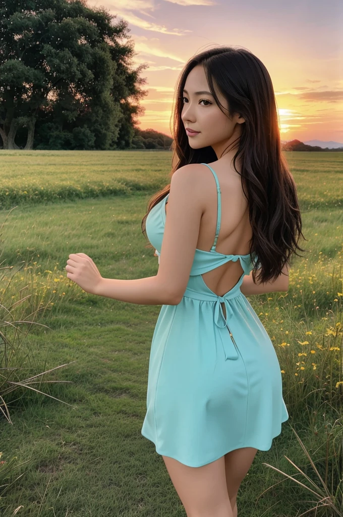 Woman wearing very few clothes on the vast prairie in summer，Endless grasslands，Green flowers and grass all over the ground，Blue sky，Long slip dress，long suspenders，Translucent tulle，Open your clothes to expose your chest，half naked，full，Sexy，Cleavage is pronounced，Breasts sagging naturally，Wide buttocks，Cocked buttocks，The mons pubis is obviously bulging，The pubic bone is wide and shining，Twist braids，Decorative belt around neck，Show your whole body from multiple angles，Sunlight，windy，Ray tracing，Extremely high quality，Best results，extremely high resolution fingers，Very nice hands，No extra arms or fingers