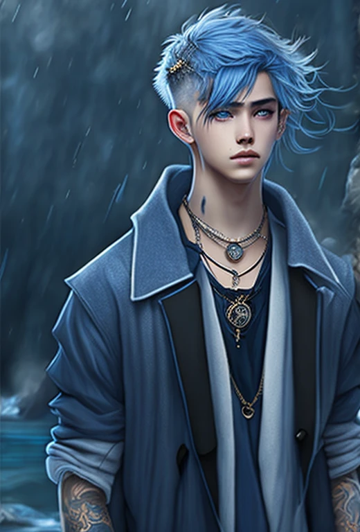 A youth，Height 170 cm，blue eyes，Gray clothes，hair color is black，Wearing a shallow water watch on the left hand，There is a wrapping tattoo on the right shoulder，