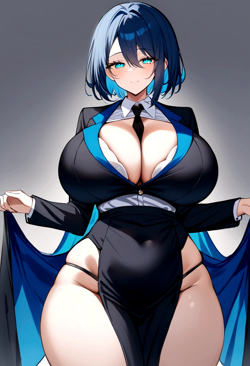 My name is Akari., I am a white test woman with long   dark blue hair , turquoise eye color . I am 1.62 cm tall and weigh 47 kg. My breasts measure 90 cm, my waist 40 cm and my hips 240 cm. Dressed in a lawyer's outfit . With big breasts 90 cm