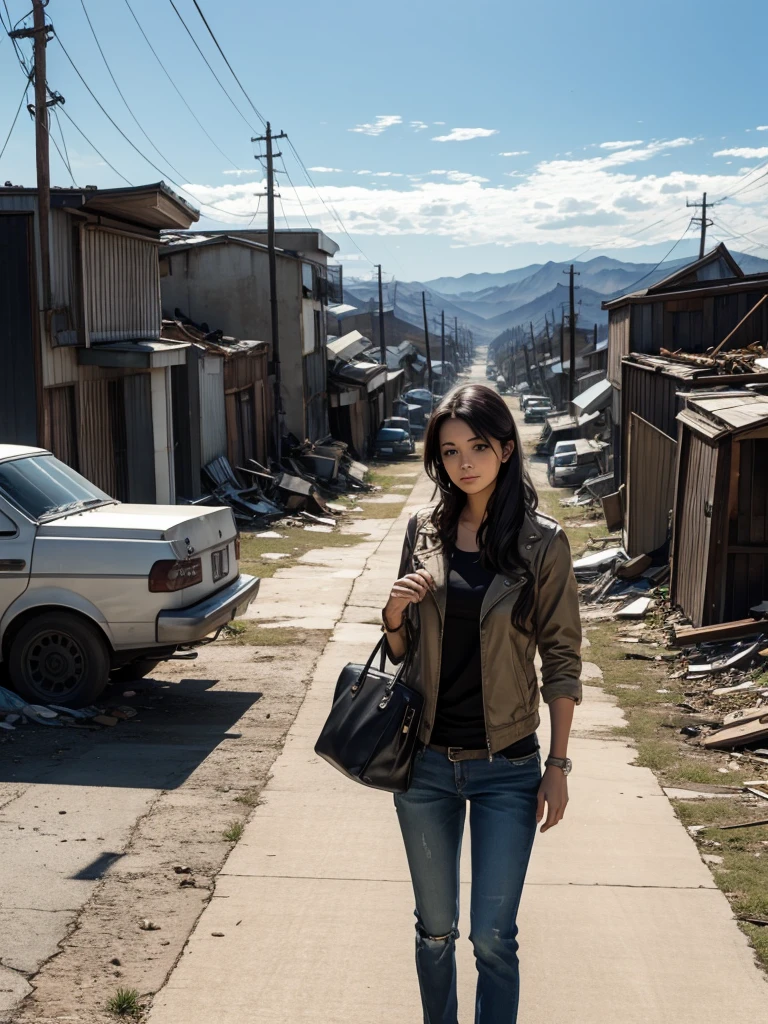 Gorgeous mother, casual outfit, outside, post apocalypse scene