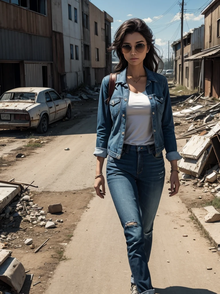 Gorgeous mother, casual outfit, outside, post apocalypse scene