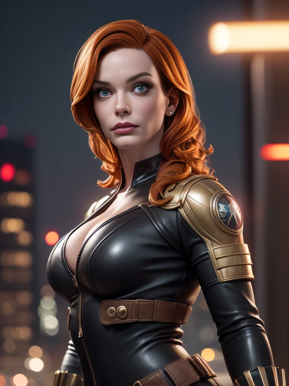 Christina Hendricks portraying the characters of Black Widow from marvel comics in a hyper-realistic masterpiece, RAW, High-quality facial research of Christina Hendricks, (Christina's sculpted cheekbones and slight wrinkles around the face), (detailed facial feature, detailed skin, clear skin),48 years old, High-quality detailed research of Christina Hendricks voluptuous figure. Sexy, dangerous, beautiful detailed eyes, beautiful detailed lips, long eyelashes, bold and intense gaze. (Wearing a skin-tight black leather suit, metallic utility belt, fingerless gloves and metal armbands) (high detailed city environment, rooftop, night time), (realistic photo, best quality, detailed), (8k wallpaper), (cinematic lighting, dramatic lighting) (sharp focus, intricate)
