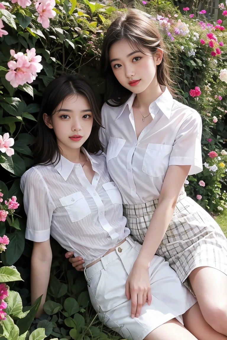 deux femmes ensemble de 18 ans sexy et mince , white short sleeve checkered shirt, dans un jardin de fleur, se touche,position sey,sensuel