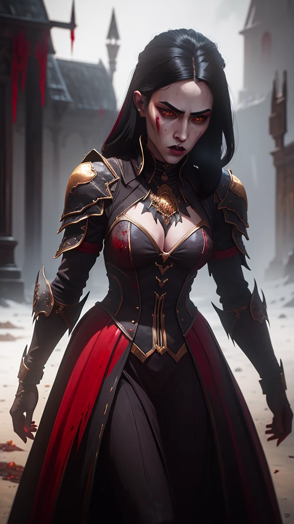 1girl, golden glowing eyes, black hair, pale skin, black gold armor, vampire queen, fantasy dark souls world, fighting with, vampire Hunter, oil painting, detailed brushstrokes, haunting atmosphere, best quality, ultra-detailed, realistic, vivid colors, gothic style, eerie lighting, blood-red color tones.