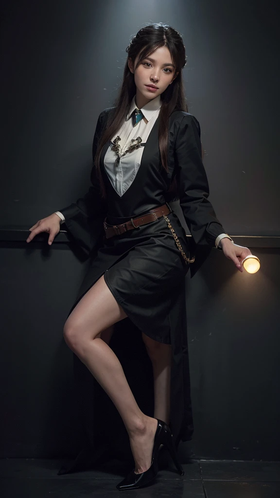 (full body focus), (in the dark:1.6), Hyperrealist portrait of female by david hockney and alphonse mucha, fantasy art, photo realistic, dynamic lighting, artstation, poster, volumetric lighting, very detailed faces, 4 k, award winning, 1girl, in the dark, deep shadow, low key, cowgirl shot, (official clothing:1.4), long hair, black hair, smile, ultra detailed skin,