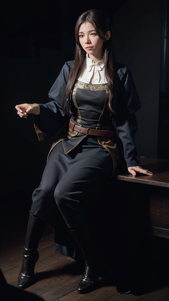 (full body focus), (in the dark:1.6), Hyperrealist portrait of female by david hockney and alphonse mucha, fantasy art, photo realistic, dynamic lighting, artstation, poster, volumetric lighting, very detailed faces, 4 k, award winning, 1girl, in the dark, deep shadow, low key, cowgirl shot, (official clothing:1.4), long hair, black hair, smile, ultra detailed skin,