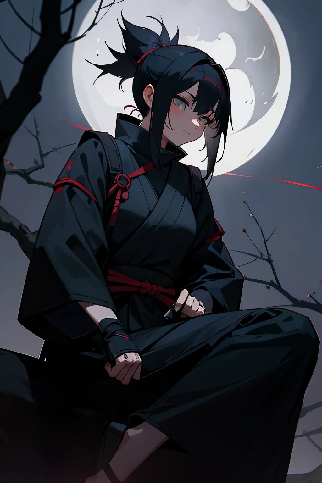 Female ninja、Lurking in the Shadows、Black Aura、Shinobi clothing、Sitting on a tree、moonlight、night、Black Hair、Clothes in black tones、Black Auraを操っている、Big black shadow