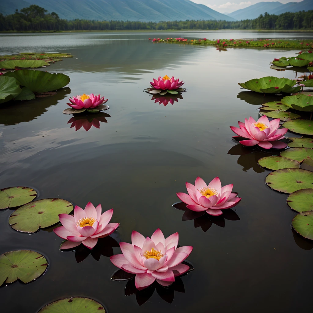 Beuatiful red lotus blooming in the lake