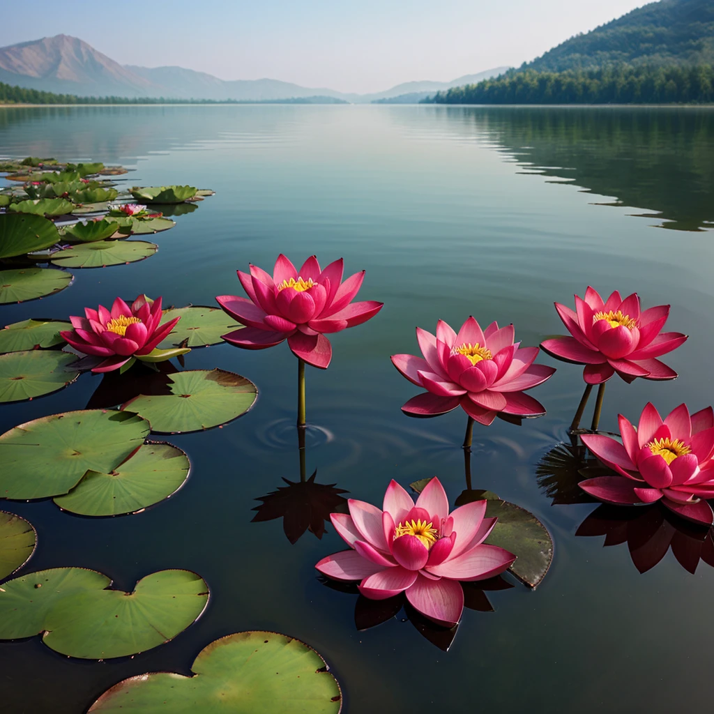 Beuatiful red lotus blooming in the lake