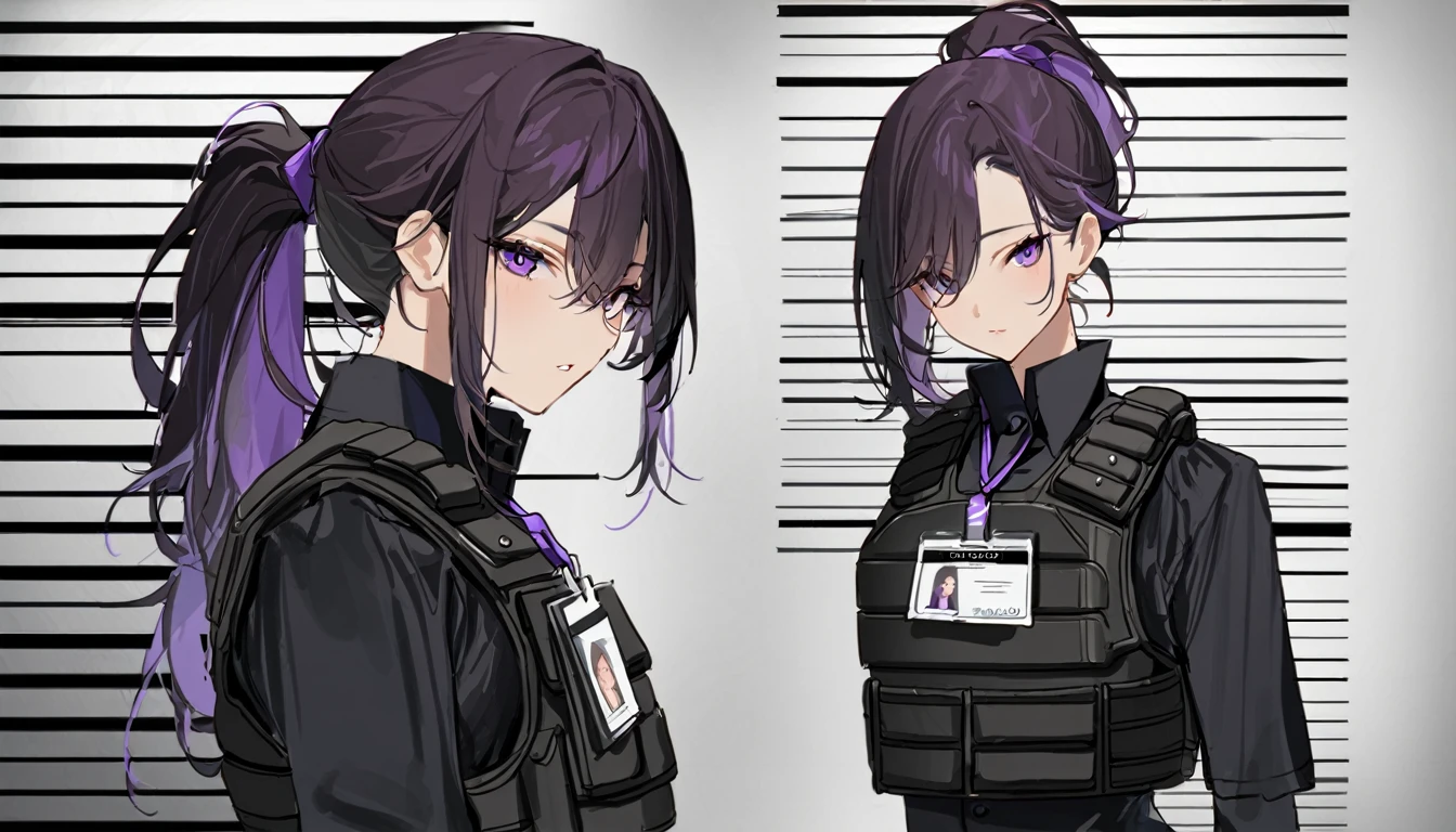 One girl, Dark hair with purple strands, Ponytail, purple eyes, black outfit,wearing bulletproof vest,background white, mugshot,id,id card, looking at camera,standing upright,no weird pose, masterclass,refined,masterpiece,8k,sharp,clean.