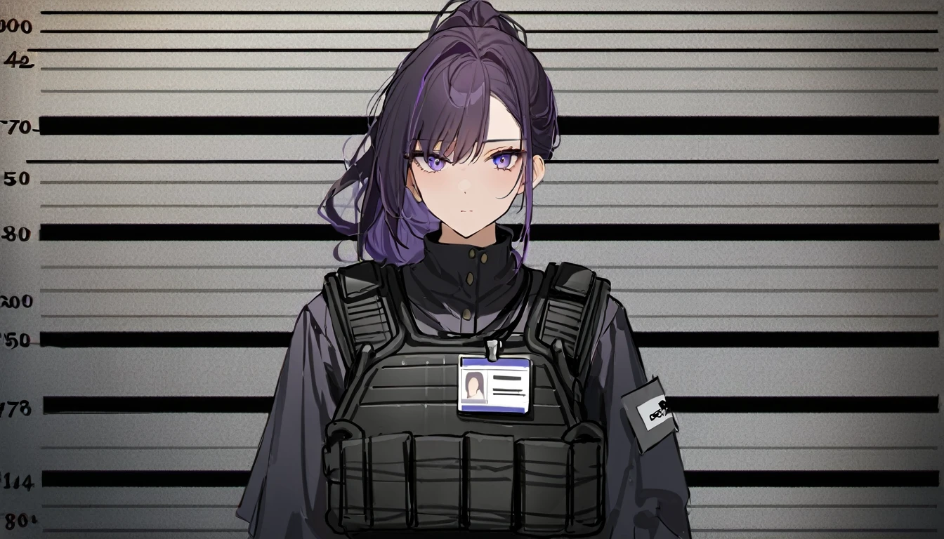 One girl, Dark hair with purple strands, Ponytail, purple eyes, black outfit,wearing bulletproof vest,background white, mugshot,id,id card, looking at camera,standing upright,no weird pose, masterclass,refined,masterpiece,8k,sharp,clean.