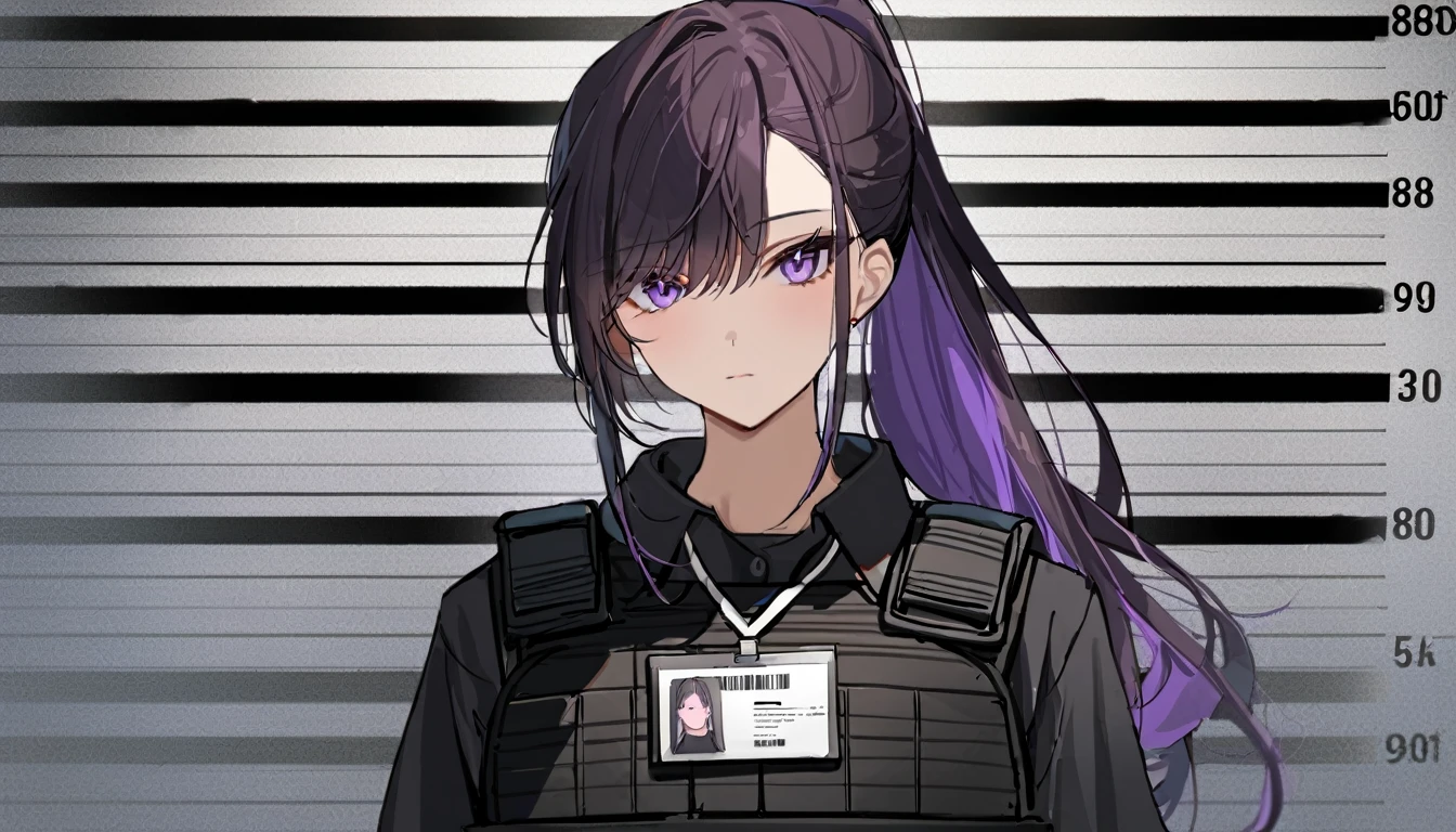 One girl, Dark hair with purple strands, Ponytail, purple eyes, black outfit,wearing bulletproof vest,background white, mugshot,id,id card, looking at camera,standing upright,no weird pose, masterclass,refined,masterpiece,8k,sharp,clean.