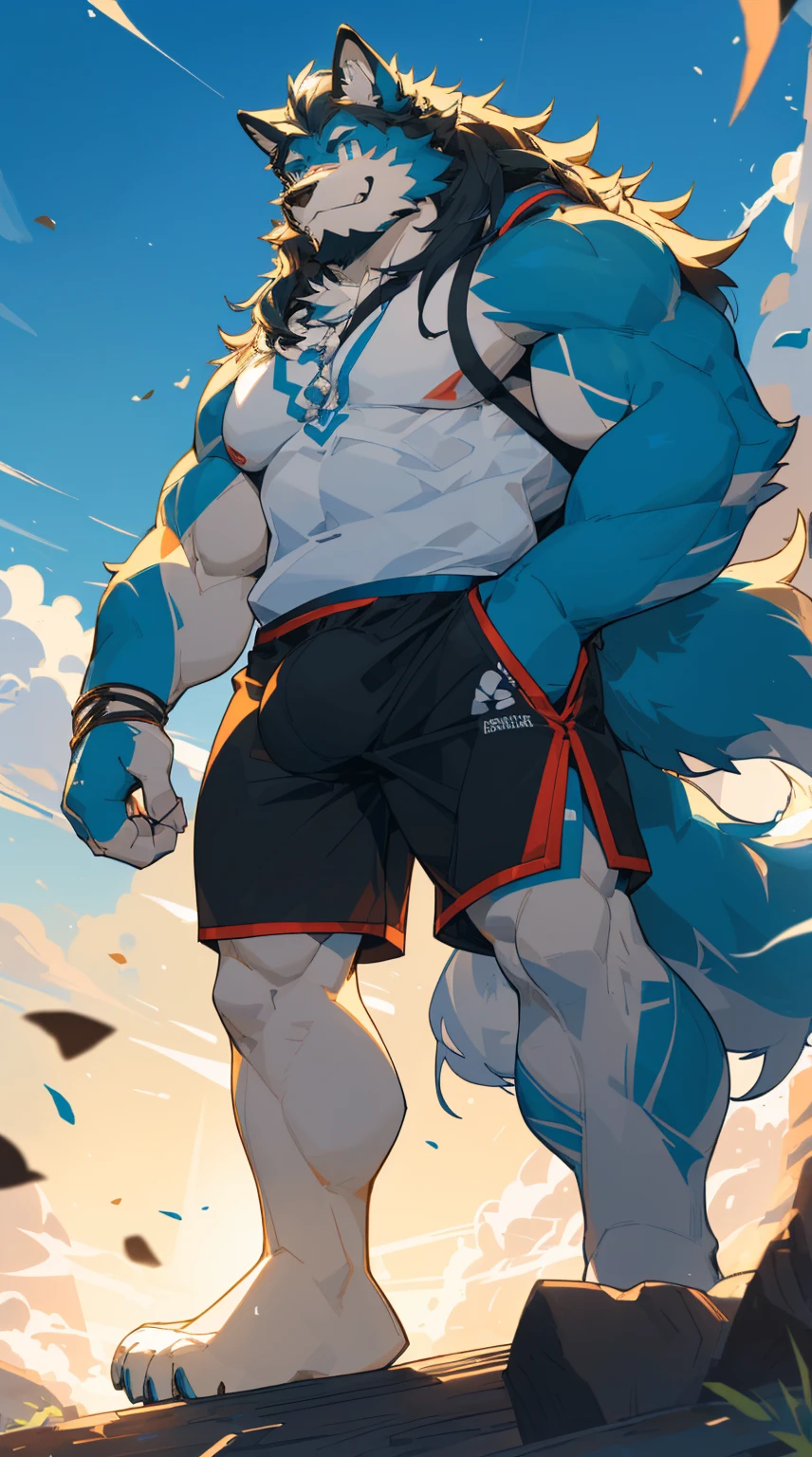 Sunlight，high resolution，4K，like，(((whole body)))，masterpiece，high quality，Brave and bold，((Wolf))，male，((Strike a pose:1.3))，WolfFurry，(Middle-aged uncle)，hairy，((charming，Smiling Face，Long hair))，((peaceful，Comfort))，((strong，Tall and big:1.3，thin long ears:1.3，Well-proportioned limbs:1.3，Wolf尾巴:1.3，Bigfoot，Meat pad:1.2，Crotch bulge:1.3))，(((Red and black sports shorts)))，(((Green ears，Dark blue head，dark blue back，Dark blue limbs，White milk，White belly，Blue pupils)))，charming脸庞，Attention to detail，Detailed body，Detailed hands