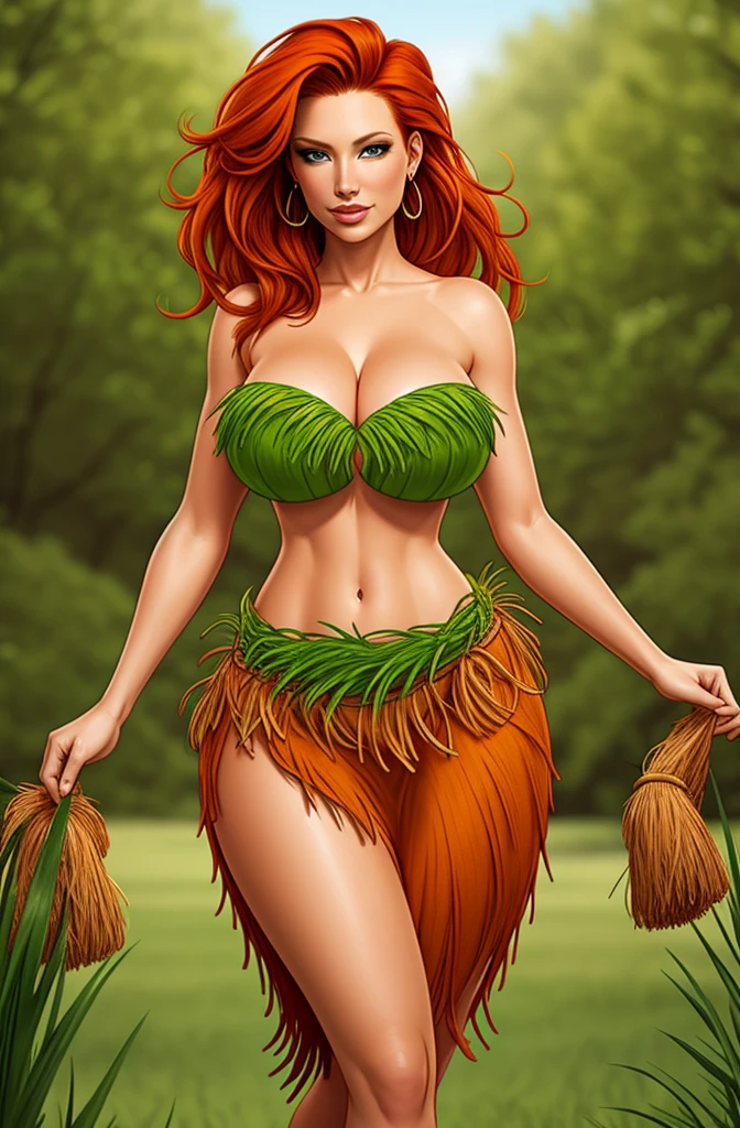 Jennifer Korbin wearing a grass skirt, ginger hair