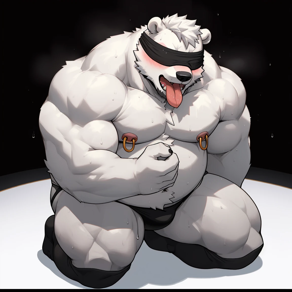 masterpiece, best quality, 8k resolution, Very detailed, hairy，(((polar bear))，(((Mature)))，(((beard))),(((fat)))，(((White hair all over body)))，(((portrait)))，(((White hair)))，(((Dark room)))，For the audience，(((Shirtless))),(((Nipple Rings)))，(((Blushing)))，Highest quality scene，(((Hip bulge))).(((whole body)))，((( Blindfolded))),(((Kneeling)))，(((Fat-enclosed muscle)))，(((Round face)))，(((alone)))，(((Strong body)))，(((Open your mouth and stick your tongue out)))，(((Shameful)))，((sweaty))，(((Thong)))，((Black socks))，