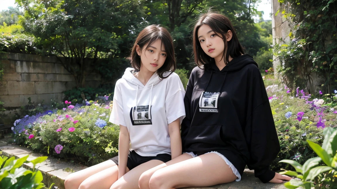 deux femmes blonde ensemble de 18 ans sexy et mince , black short sleeve hoodie , salle de classe, se touche,position sey,sensuel,visible legs,