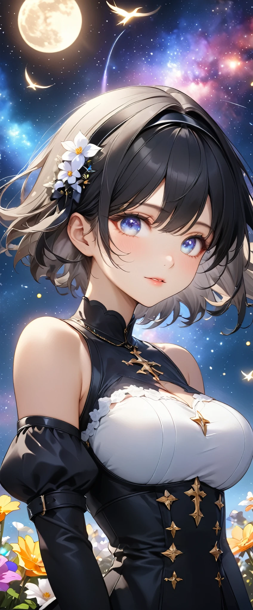 Highest quality, Super quality, 16K, Incredibly absurd, Very detailed, 2.5D, delicate and dynamic, church, Brightly colored stained glass, Small faint lights and flying fireflies, night, Starry Sky, milky way, nebula, shooting star, Flowers, birds, wind and moon, Extremely delicate facial expression, Delicate eye depiction, Upper body close-up, erotic, sole sexy lady, healthy shaped body, 22 years old lady, YoRHa 2b, 170cm tall, huge firm bouncing busts, white short hair, black hair band, YoRHa 2bのコスチューム, black leather long boots