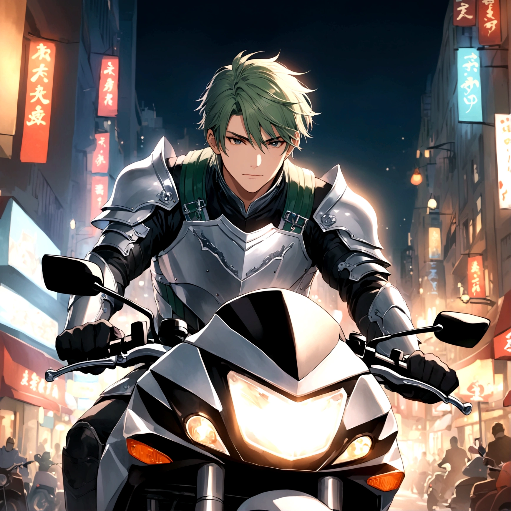 solo,Looking at the audience,1boy,armor,Riding on a motorcycle,Male focus,City Streets,