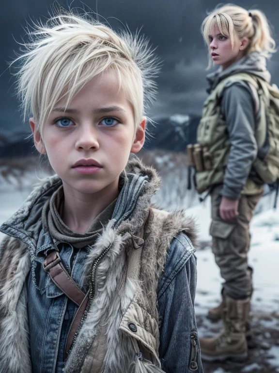 Masterpiece, full body shot of a beautiful 10 years old Norwegian pure tween girl in a post-apocalyptic frozen wilderness, shy pose, punk blonde short hi-top hair shaved on sides, blue-grey eyes, very pale skin, high detailed skin, skinny body, tense face, dramatic face, shy face, very tired face, wearing military dirty white pants, wearing a military scarf white and grey pattern, wearing a winter camo military vest, innocent girl, shy girl, wild girl, post-apocalyptic style, RAW, Dramatic lighting, threatening nordic sky, 8K, ultra high res.photorealistic, UHD, DSLR, Phase one XF IQ4, 150 MP, apocalyptic and devastated frozen snowy Fjord landscape in the background, dirt, dust, rumbles, debries, Mad Max movie vibes