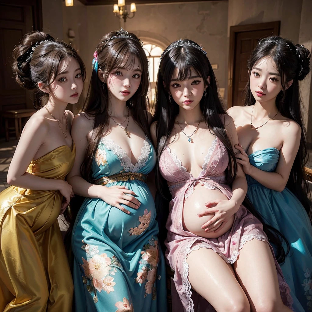 (Masterpiece:1.3), (8K, RAW Photos, Highest quality: 1.4), Beautiful Face, Beautiful hairstyle, Beautiful attention to detail, Beautiful Skin, Absurd, Charm, Ultra-high resolution, Very detailed,Browsing Caution,(Front Focus), Fantasy art, Photo Real, Art Station, Very detailed顔,Three girls in a dark basement,bright long-haired, Very detailed肌,Colorful Dresses, Large Breasts,Put your arms behind your back,Heavy makeup, Flower Hairpin,Floral Dress, Lace dress, naked,necklace,Half Body,Face close-up,pregnancy、Big belly