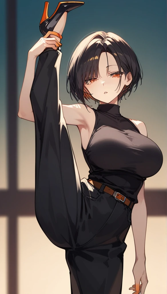 masterpiece, Score_9, Score_8_up, Score_7_up,1 woman, alone, black hair, very short hair, parted bangs, golden and orange eyes, half-closed eyes, parted lips, expressionless, pale skin, large breasts, best quality, long bangs and open, black sleeveless shirt, black V-neck, baggy pants, high heels, long split bangs