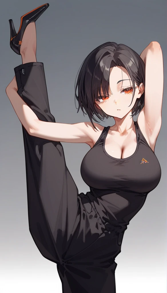 masterpiece, Score_9, Score_8_up, Score_7_up,1 woman, alone, black hair, very short hair, parted bangs, golden and orange eyes, half-closed eyes, parted lips, expressionless, pale skin, large breasts, best quality, long bangs and open, black sleeveless shirt, black V-neck, baggy pants, high heels, long split bangs