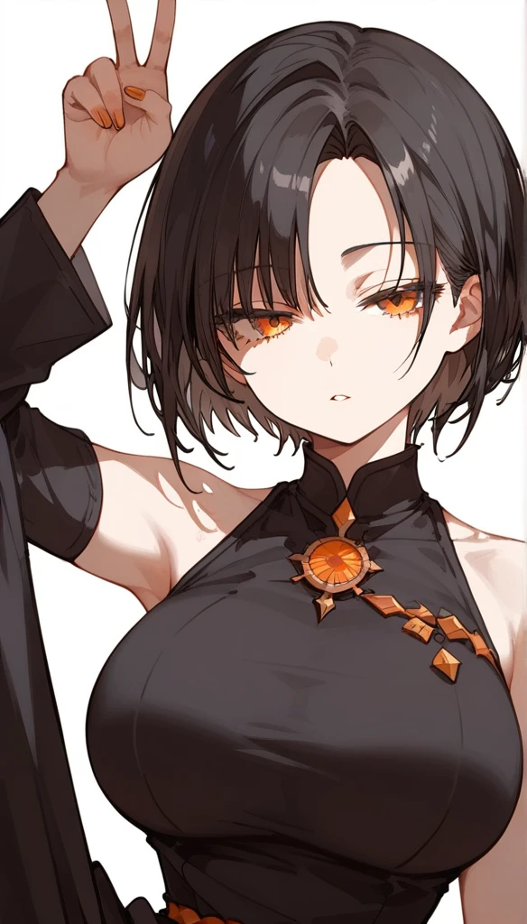 masterpiece, Score_9, Score_8_up, Score_7_up,1 woman, alone, black hair, very short hair, parted bangs, golden and orange eyes, half-closed eyes, parted lips, expressionless, pale skin, large breasts, best quality, long bangs and open, black sleeveless shirt, black V-neck, baggy pants, high heels, long split bangs