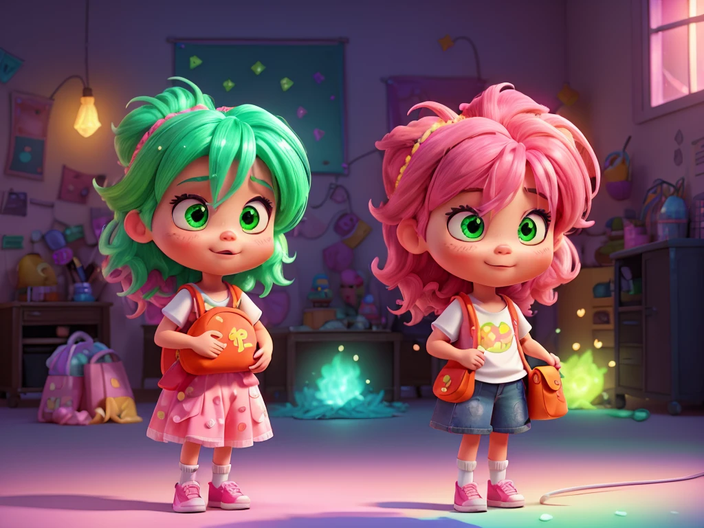 a cute girl,messy pink hair,hairs standing up to end,funny astonished face with squinting eyes,spits green fire smoke out ears and nose,big red cheeks,holds bag with extra sour candy,white shirt,white and neon green glitter stripes background,text:"Extra Sour!",bright,colorful,european,fancy,cross-eyed dark turquoise eyes,neon,perfect contrast,pixar,reflections,shadows, glitter,sparkles,stylized textures,visual effects,volumetric lighting,hyper realistic,3d animation