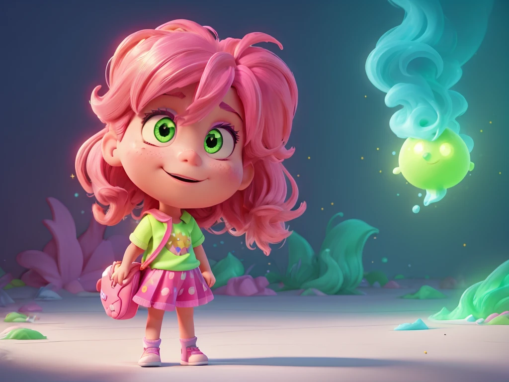 a cute girl,messy pink hair,hairs standing up to end,funny astonished face with squinting eyes,spits green fire smoke out ears and nose,big red cheeks,holds bag with extra sour candy,white shirt,white and neon green glitter stripes background,text:"Extra Sour!",bright,colorful,european,fancy,cross-eyed dark turquoise eyes,neon,perfect contrast,pixar,reflections,shadows, glitter,sparkles,stylized textures,visual effects,volumetric lighting,hyper realistic,3d animation