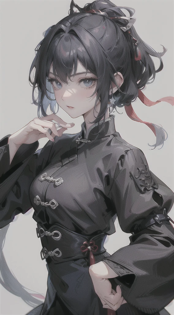 (detailed:1.4), Masterpiece, Best quality, 1 Female, Mature Woman, Elder Sister, young girl, Royal Sister, the expression is cold, strong, blue eyes, wolfcut short hair, smoky mix navy blue color hair, resolute eyes, simple black and white Taoist Taoist uniform, long red eardrop, Chinese mix morden, frontal photo, blank background, remove background, wolfcut hairstyle, anime, illustration