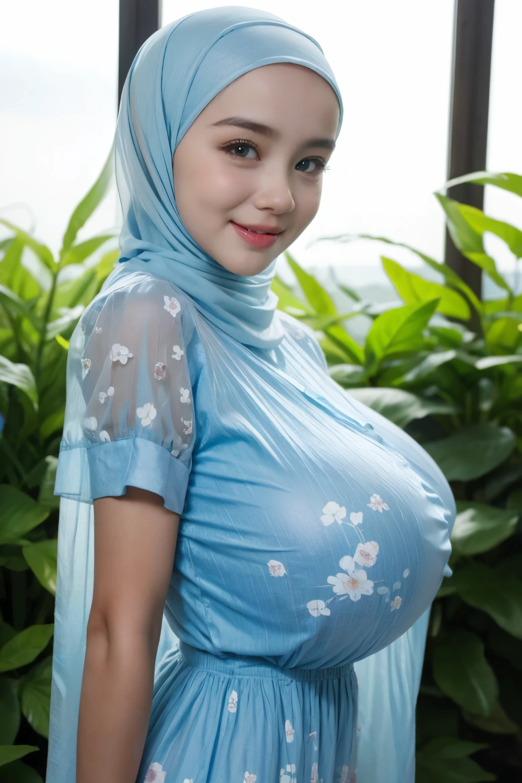 Jumbo (Dress), Chubby adorable, 1 girl, (face to face), , baby face, happy, half body portrait, (face details: 1), (eye details: 1), ((big breasts)). wearing transparent transparency soft long shirt, hijab, .. Cute posed. proportional body. Ultra High Res. realistic: 1.4, UHD, (floral pattern), view from side seductive pose