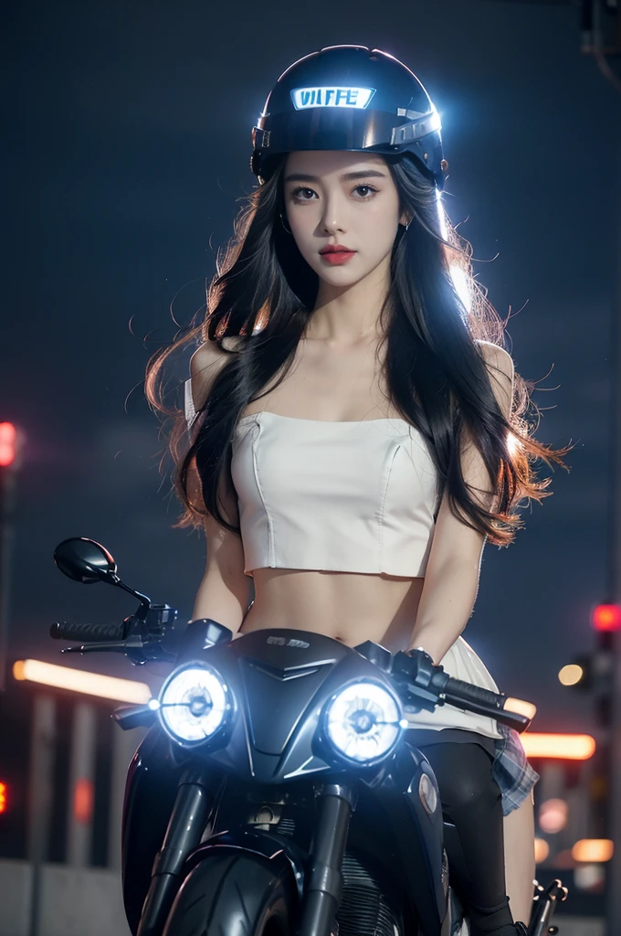 (((best quality))),(((ultra detailed))),(((masterpiece))),illustration,((1 beautiful girl,solo)),((slim,thin,small breasts,flat chest)),shoulder length straight hair,almond-shaped eyes, intense gaze, fair skin, subtle blush, full pink lips, confident smile,white collared shirt,Windsor knot on neck,short sleeves,red plaid pleated skirt,slender legs, deep blue hue, silver accents, form-fitting, low neckline, smooth skin,booties, urban scene, cyberpunk city, neon lights, tall buildings, LED signs, misty glow, dreamy ambiance, night sky, twinkling stars, electric atmosphere,(riding on a motorcycle:1.3), (safety helmet:1.3), vibrant atmosphere