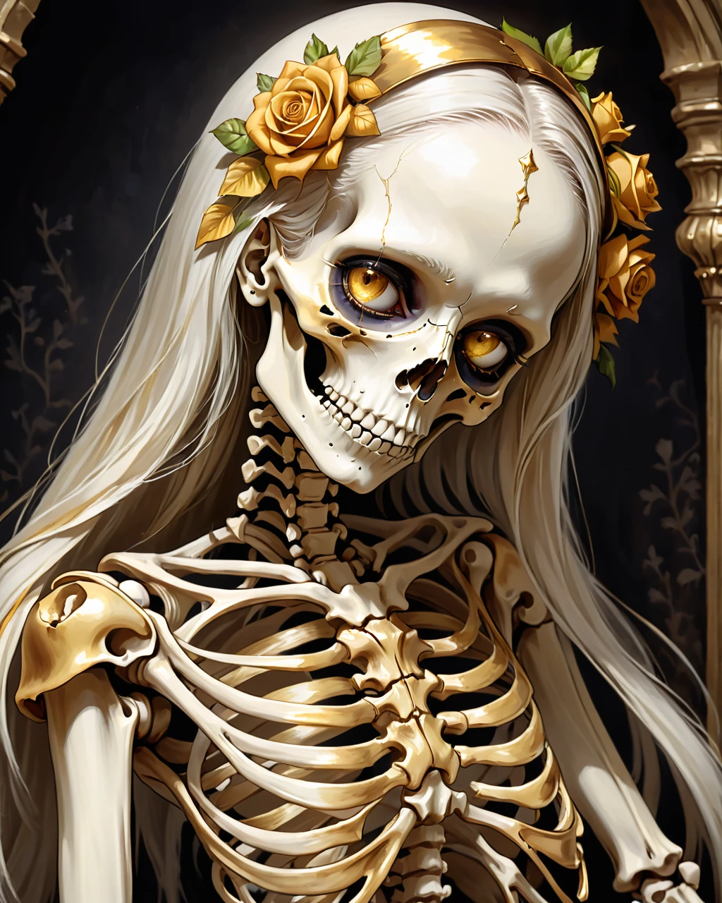 Skeleton、 古く薄dark和室, Gold inlaid bones,Old fashioned women's hairstyle、緑colorの着物、 Complex, (Very exquisite oil painting:1.2), Glow effect, Godley, Written by hand, give, 8K, octane give, Cinema 4D, Blender, dark, atmospheric 4K ultra detailed, Cinematic and sensual, Sharp focus, Humorous illustrations, Large depth of field, masterpiece, color, 3d octane give, 4K, Concept Art, Trending on Art Station, Surreal, Vivid color, 非常に詳細な CG ユニティ 8K 壁紙, Trending on Art Station, Trending on CGSociety, Complex, High detail, dramatic