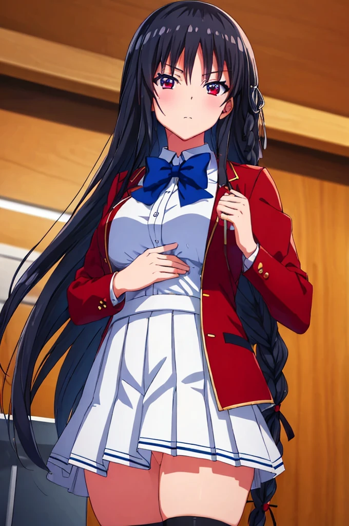 (masterpiece:1.3), (best quality:1.1), (8k, ultra detailed, ultra high res:1.2), ((anime style)), perfect 5 fingers, perfect anatomy, detail focus hand,
1girl,
Suzune Horikita,
Suzune Horikita \(youjitsu\),
BREAK long hair, braid,
black hair,
red eyes, (focus detailed eyes:1.2),
blue bow,
medium breasts,
red jacket, long sleeves, white skirt, pleated skirt, black thigh-high socks,
looking at viewer,
cowboy shot,
indoor, class room,