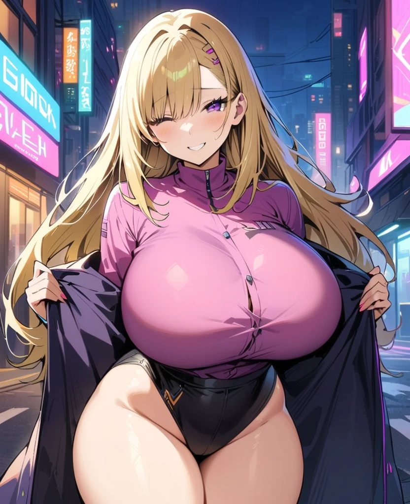 cyberpunk city, street, evening, neon light, neon sign, Masterpiece, Best Quality, high resolution, JK,huge ,1 girls,black arco,black arcotie, Pastel yellow hair, long hair, hair covers one eye, purple eyes, tight, , big thighs, expression smiling shy, 