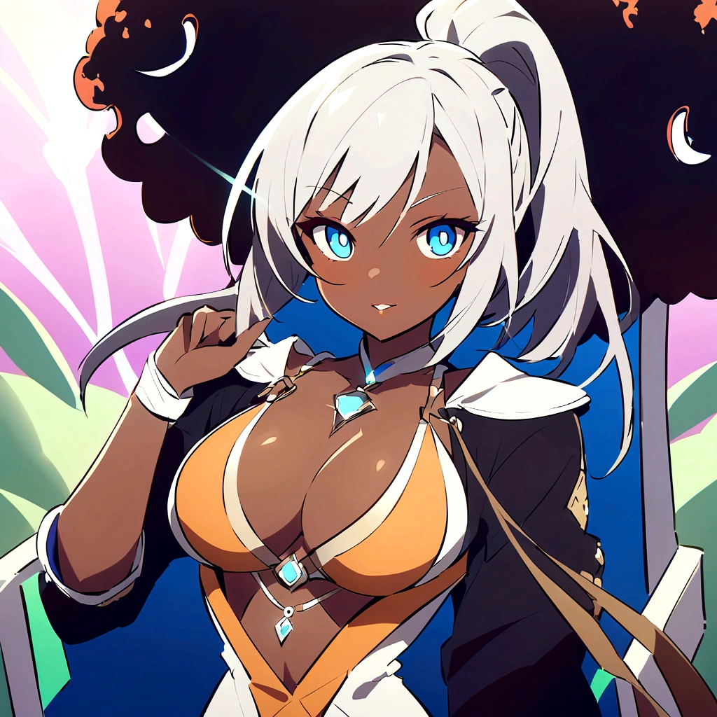 ,Sexy with bikini Costume clothes for medium muscular dark skinned woman, short white hair tied in a ponytail, Eyes red, yellow jacket, black cargo pants, drawing the race: ten mens (with enhanced characteristics Genre: Feminine woman appearance: Dark skin and medium muscular Short white hair spiked up, similar to the style "porcupine hair" eerie glowing red eyes, emanating power Wearing the black jacket characteristic of High-Level Hunters, with gold detailsTight black cargo pants, with black combat boots Accessories: black fingerless gloves, revealing sharp claw marks Magic dagger floating next to his right hand, giving off a slightly bluish aura Lips are smooth or colored, fundo preto Simpler, minimalism, monotonous, paletas de cores Simpler, to clean, sharp designs, fluid silhouettes, skirts and tight pants, high-waisted skirts and pants, vestidos Simpler, shirts and blouses, asymmetric, geometric, Elegant, luxurious materials and designs, Simpler, Minimum accessories, tail((Additional Detail: in the beach setting sitting on a Simpler chair , She is very muscular, Simpler, long breasts, Lumiere, Simpler,Simpler smile details Simpler qualification in details beautiful Simpler round Iris ball ,.(( Additional eye details :forma: Eye shapes vary greatly, but generally have rounded and curvy contours. This softness contributes to the overall aesthetics of the "cuteness" and young people often associated with anime.
Iris: Iris colors are vibrant and varied, ranging from natural tones like brown and blue to fantasy colors like pink, green and purple. This variety contributes to the creation of visually appealing and distinct characters...
sheen: Olhos de anime frequentemente apresentam um brilho ou reflexo de Lumiere, which gives them a lively and dynamic appearance. This glow can be used to highLumiere the character'emotion or to draw attention to a specific point in the scene..))