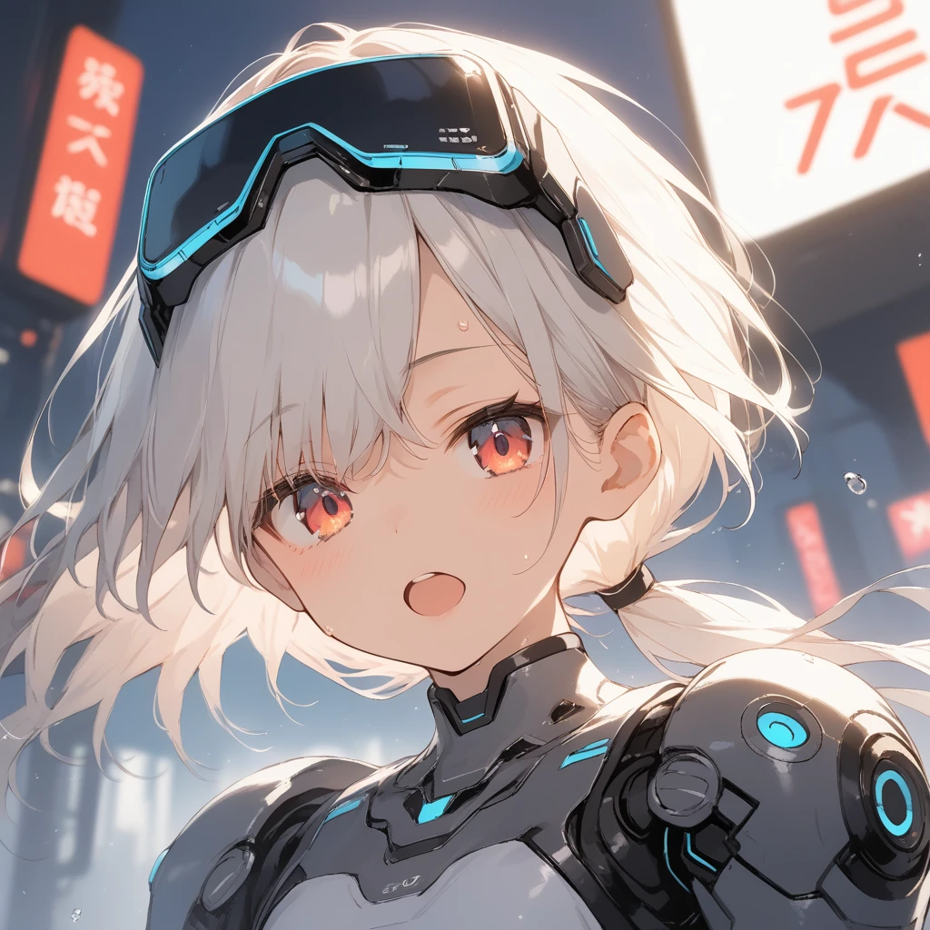 score_9, score_8_up, score_7_up, source_anime, best quality, masterpiece, official art, absurdres, highres, ultra-detailed,waifu2x,Collection: Slice of Life,break,1girl, cyborg girl, briliant azure eyes, crop top cyborg armor, futuristic headset, futuristic tech, mindcontrol device installed on head, yes covered with tech, tomboy, tanned-skinned female, short hair, low ponytail, flat chest, beautiful detailed eyes, sweat, open mouth, (yawn:0.3), sleepily, standing, futuristic city, wind, break, from bellow, ((show belly)), (clear line illustration:1.2),very high resolution, very aesthetic, super detailed skin, Best sexual lighting powered by famous artist, 8k,cute picture,beauty illustration,photoshop_(medium),,(Detailed Lighting),best anime 8k konachan wallpaper, pixiv contest winner, 