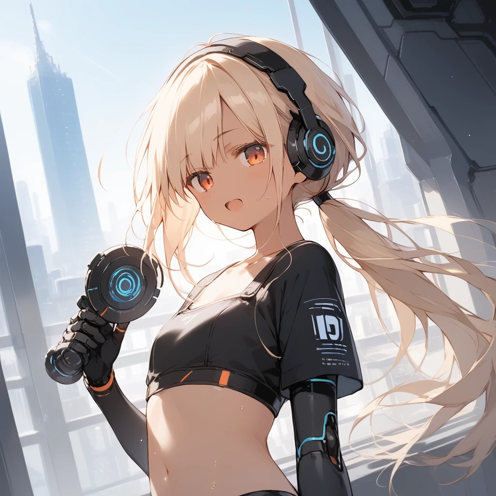 score_9, score_8_up, score_7_up, source_anime, best quality, masterpiece, official art, absurdres, highres, ultra-detailed,waifu2x,Collection: Slice of Life,break,1girl, cyborg girl, briliant azure eyes, 16yo, crop top cyborg armor, futuristic headset, futuristic tech, mindcontrol device installed on head, yes covered with tech, tomboy, tanned-skinned female, short hair, low ponytail, flat chest, beautiful detailed eyes, sweat, open mouth, (yawn:0.3), sleepily, standing, futuristic city, wind, break, from bellow, ((half body image))((show belly)), ((show upper legs)) (clear line illustration:1.2),very high resolution, very aesthetic, super detailed skin, Best sexual lighting powered by famous artist, 8k,cute picture,beauty illustration,photoshop_(medium),,(Detailed Lighting),best anime 8k konachan wallpaper, pixiv contest winner, 