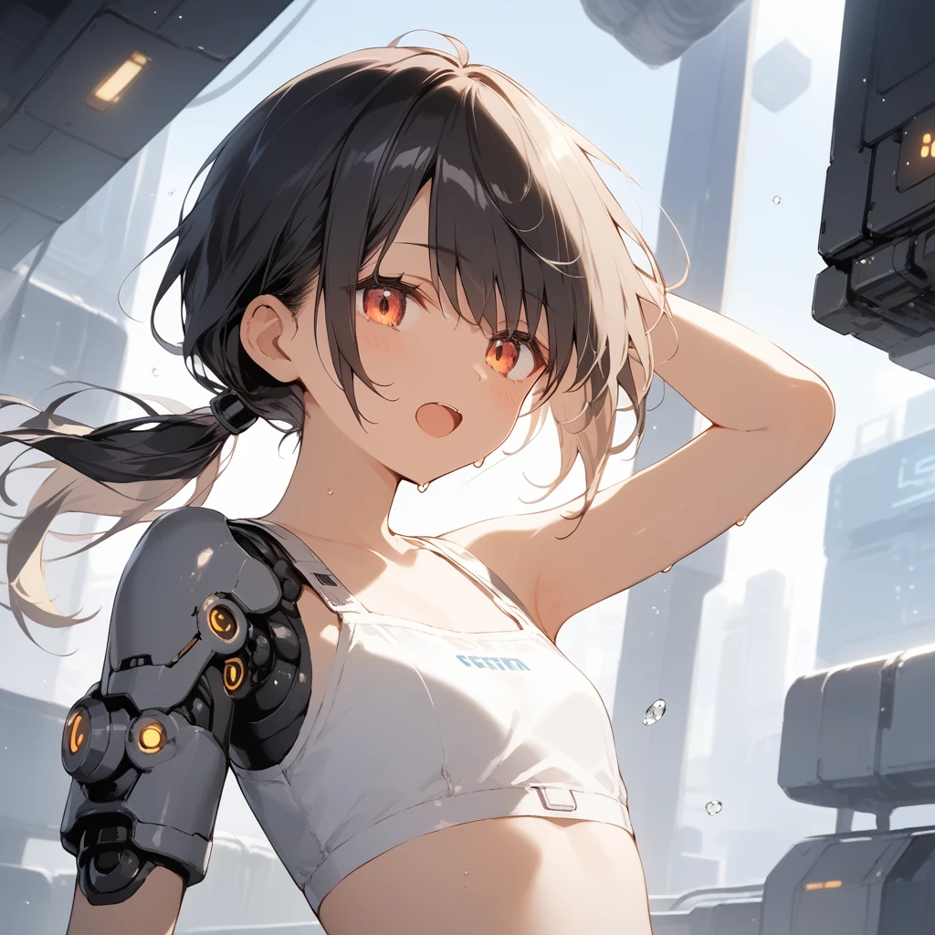 score_9, score_8_up, score_7_up, source_anime, best quality, masterpiece, official art, absurdres, highres, ultra-detailed,waifu2x,Collection: Slice of Life,break,1girl, cyborg girl, briliant azure eyes, crop top cyborg armor, futuristic headset, futuristic tech, mindcontrol device installed on head, yes covered with tech, tomboy, tanned-skinned female, short hair, low ponytail, flat chest, beautiful detailed eyes, sweat, open mouth, (yawn:0.3), sleepily, standing, futuristic city, wind, break, from bellow, ((show belly)), (clear line illustration:1.2),very high resolution, very aesthetic, super detailed skin, Best sexual lighting powered by famous artist, 8k,cute picture,beauty illustration,photoshop_(medium),,(Detailed Lighting),best anime 8k konachan wallpaper, pixiv contest winner,
