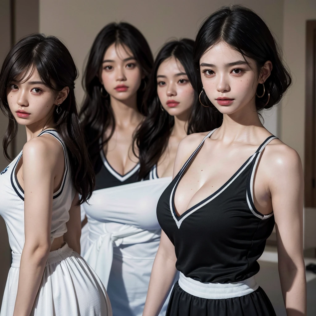 absurdres, RAW photo, extremely delicate and beautiful, masterpiece, Best Quality, ultra high resolution, 16k, hyperrealistic, ultra-detailed, Very detailed CG 8k wallpaper, Beautiful Lighting, Perfect Lightning, Realistic Shadows, perfect anatomy, super Detailed skin, perfect figure, Japanese woman, in her 20s, very Slim body, narrow waist, very small head, handsome detailed woman, very detailed eyes and face, realistic face proportions, Stunning detailed eyes, Realistic beautiful face, very small face, Realistic small beautiful eyes, double eyelids, makeup, tearful mole, mole on chest, earring, bare legs, beautiful and very thin legs, beautiful and very thin thighs, (((very huge round breasts))), short hair, wavy hair, sweat, (full body shot), (((((3 girls))))), (((sundress))),