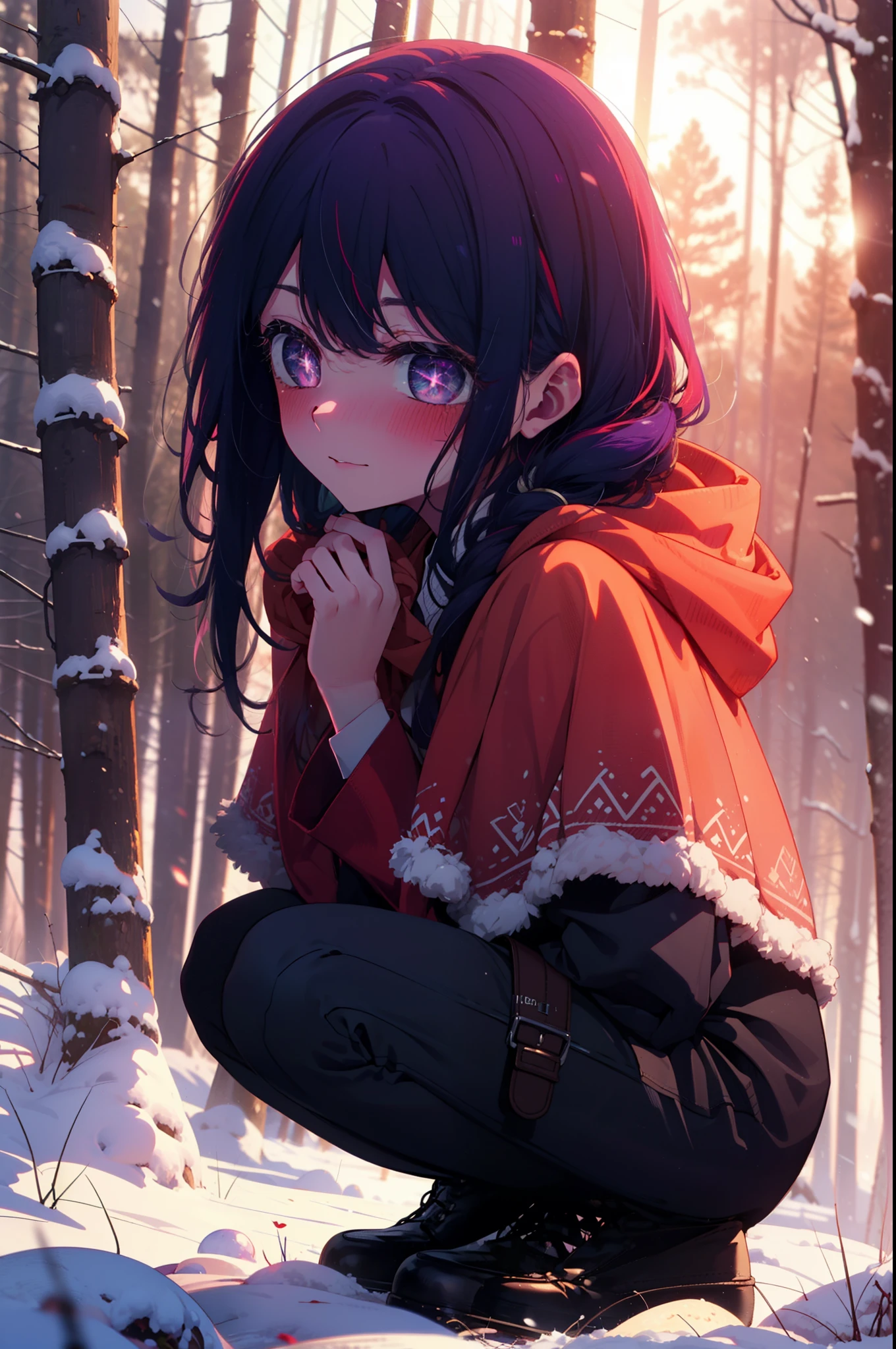 aihoshino, Ai Hoshino, Long Hair, bangs, (Purple eyes:1.1), Purple Hair, (Symbol-shaped pupil:1.5), smile,,smile,blush,White Breath,
Open your mouth,snow,Ground bonfire, Outdoor, boots, snowing, From the side, wood, suitcase, Cape, Blurred, , forest, White handbag, nature, Squat, Mouth closed, Cape, winter, Written boundary depth, Black shoes, red Cape break looking at viewer, Upper Body, whole body, break Outdoor, forest, nature, break (masterpiece:1.2), Highest quality, High resolution, unity 8k wallpaper, (shape:0.8), (Beautiful and beautiful eyes:1.6), Highly detailed face, Perfect lighting, Highly detailed CG, (Perfect hands, Perfect Anatomy),