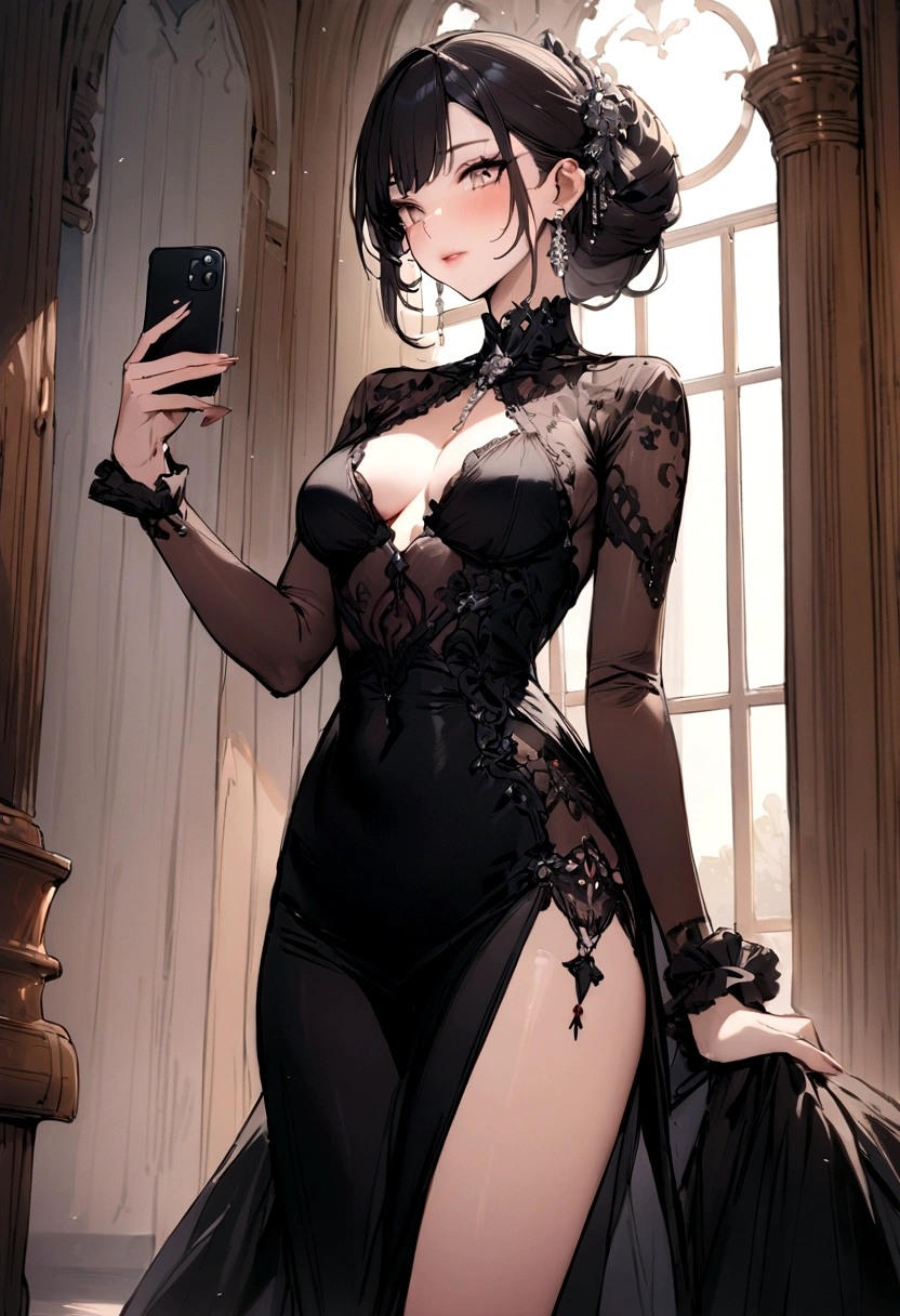 ((Highest quality)), ((masterpiece)), lady,hold iPhone,