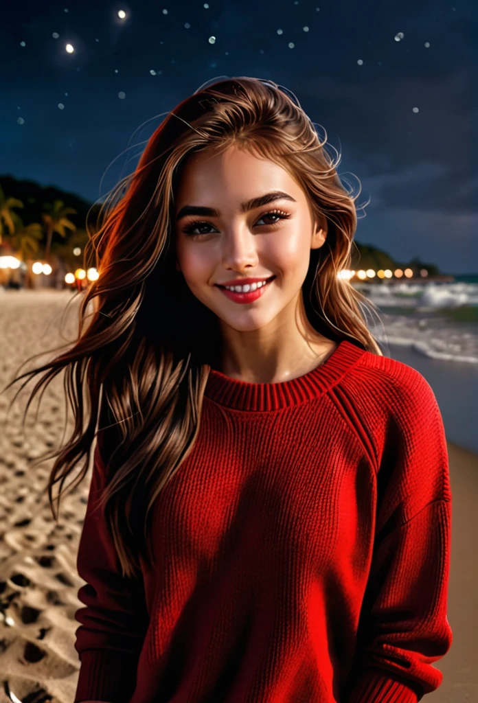 (20 year old woman on a beach during noon, cloudy weather, long brown hair, sporty body, beautiful detailed eyes, beautiful detailed lips, (beautiful smile) , extremely detailed face and features, long eyelashes, elegant woman, graceful pose, soft warm lighting, cinematic lighting, Simple bikini, highly detailed environment, photorealistic, 8k, hyper detailed, masterpiece, cinematic, digital art, concept art)