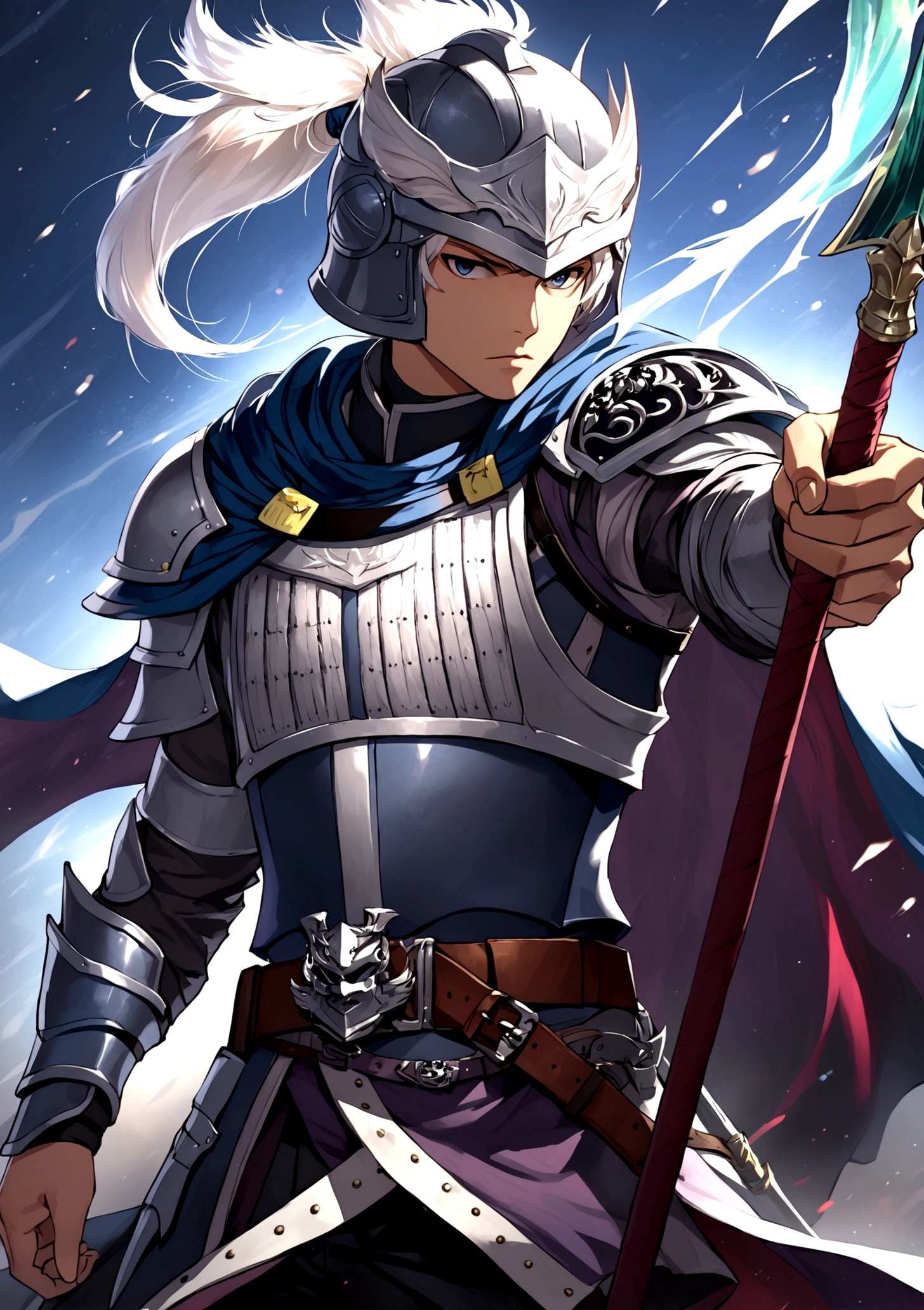 solo, 1boy, ponytail, weapon, white hair, male focus, belt, cape, armor, helmet, polearm, spear